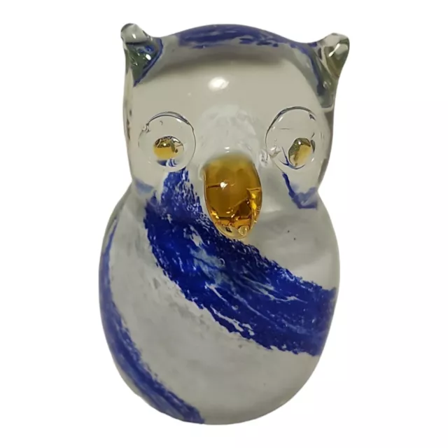 ART GLASS HOOT Owl Figurine Paperweight Blue White Swirl Amber Color ...
