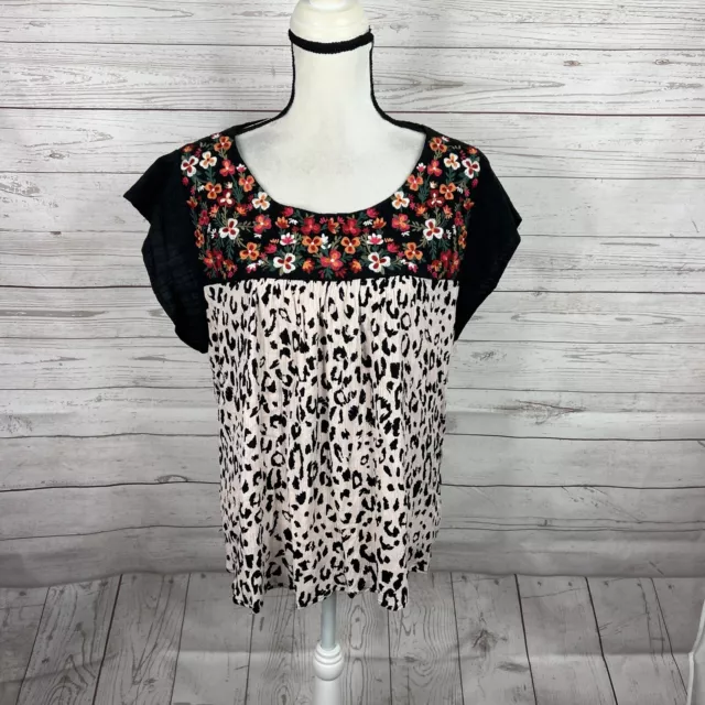 Savanna Jane Womens Top Blouse Size 2X Floral Embroidered Animal Print