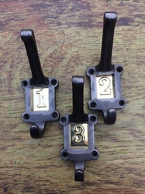 3 X Cast Iron School Coat Hooks With Brass Number Inserts ~ Vintage Style ~