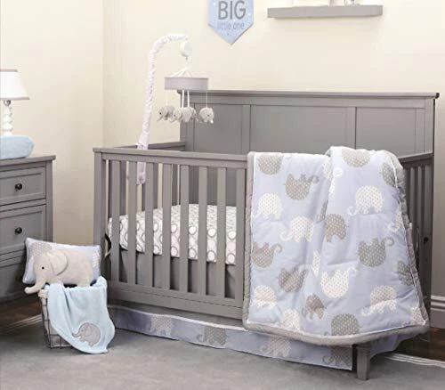 Blue/Grey Elephant - 4-Piece Nursery Crib Bedding Set
