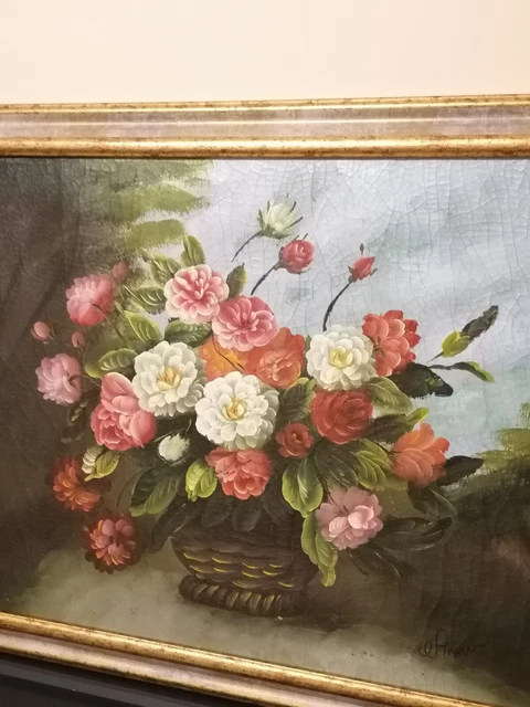 quadro olio su tela Fiori Dipinto A Mano Con Cornice Legno