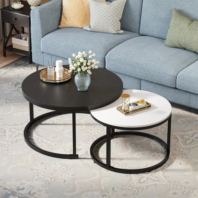 WOOD NESTING COFFEE Table Set of 2 Modern Round Coffee Tables for