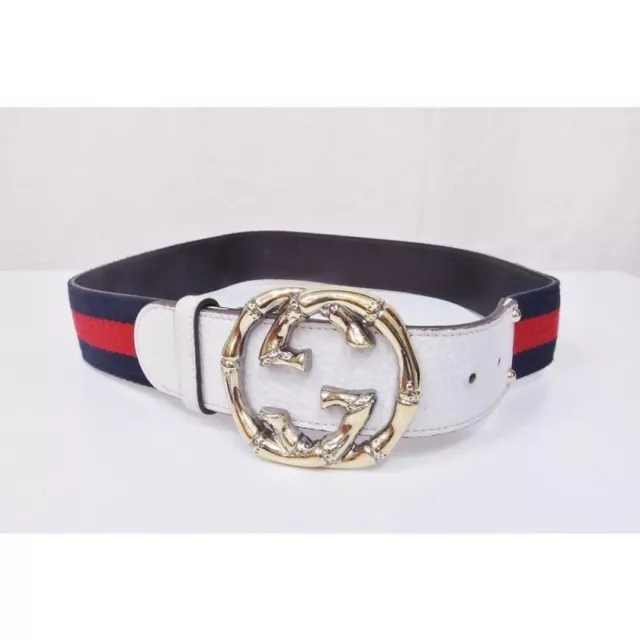 GUCCI Belt Women Bamboo Interlocking GG Leather White Size 80/32 06444c