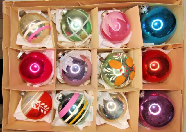 LOT VINTAGE BLOWN Glass Mica Pictured BALL Christmas Ornaments Shiny ...