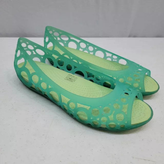 Crocs Adrina Flat Sandal Size 8 Round Cutouts Green Rubber Slip On Shoe Jellies