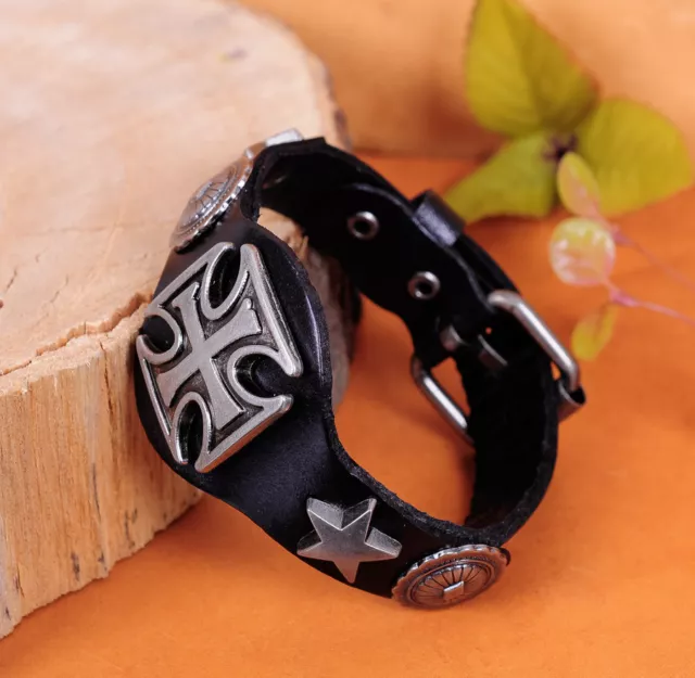 HOT Punk Gothic Black Biker Star Flower Cross Real Cowhide Leather Cuff Bracelet