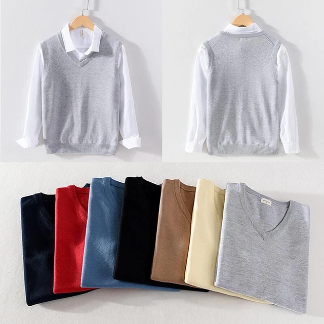 Uomo Cotone Scollo A V Slim Fit Gilet Pullover Basic senza Maniche Maglione