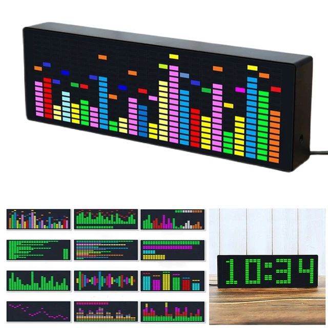 Affichage du spectre musical à LED, 384 RVB coloré avec analyseur de spectre audio, capteur de voix de niveau de lumière à rythme segmenté 1624, horloge, #611