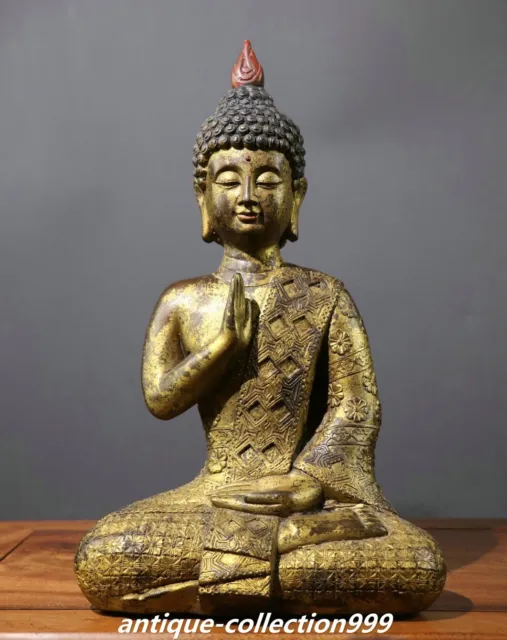 14.9" Old Bronze Gilt Plum Thailand Ayutthaya Shakyamuni  Maitreya Buddha Statue