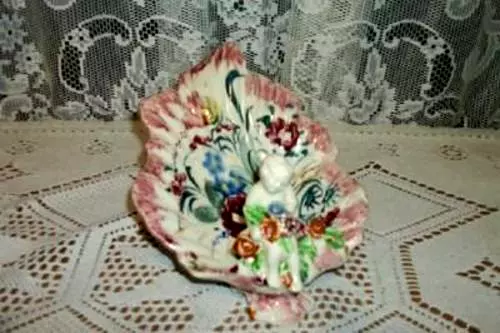 Mid Century Hp Majolica Japan Cherub Shell Candy Dish Soap Capodimonte Style