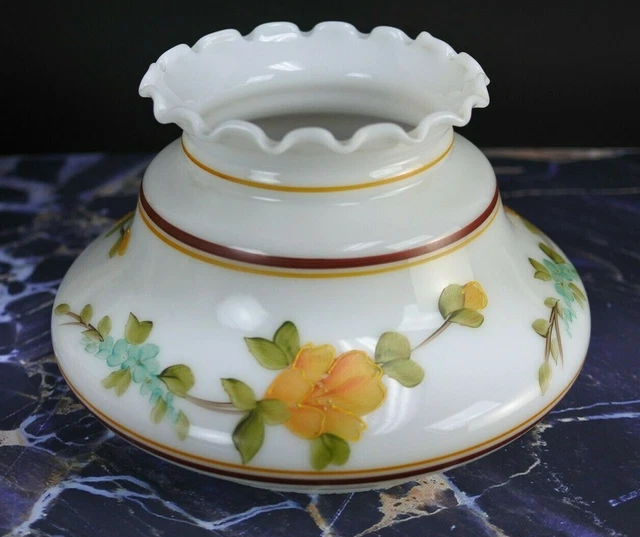 Vintage Hand Painted Flower Ruffled Milk Glass Lamp Shade 6- 13/16" Fitter
