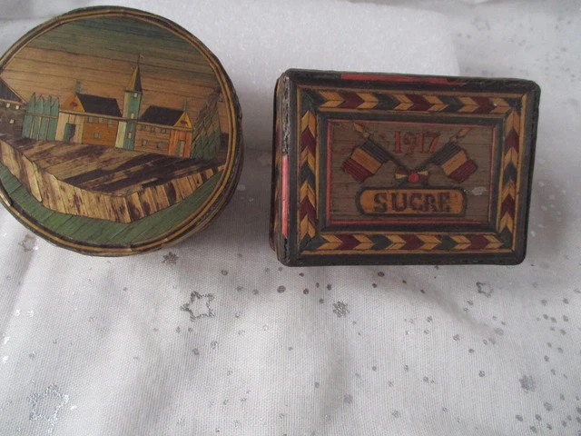 Lot De 2 Anciennes Boîtes Rondes En Cuir, Fabrication Artisanale - Déco