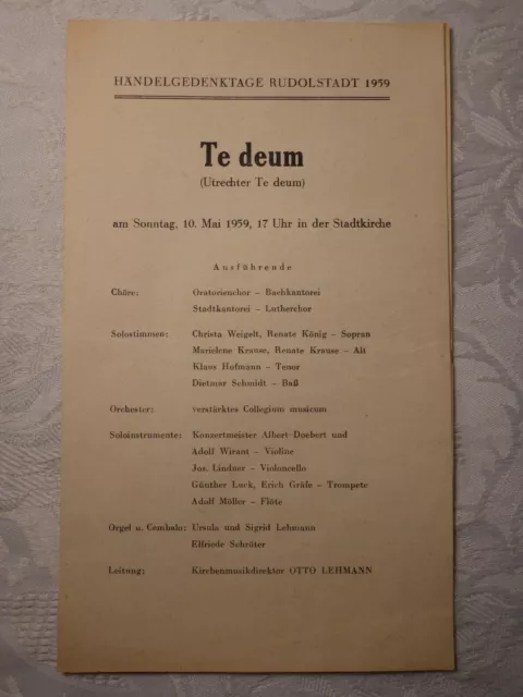 Ancien Brochure de Programme Prospectus Te Deum Händelgedenktage Rudolstadt 1959