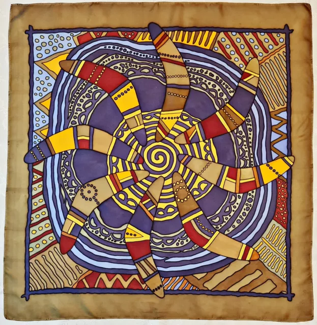 Scarf Vintage Hand Painted Aboriginal Art Boomerang Green Blue Silk 35" Square