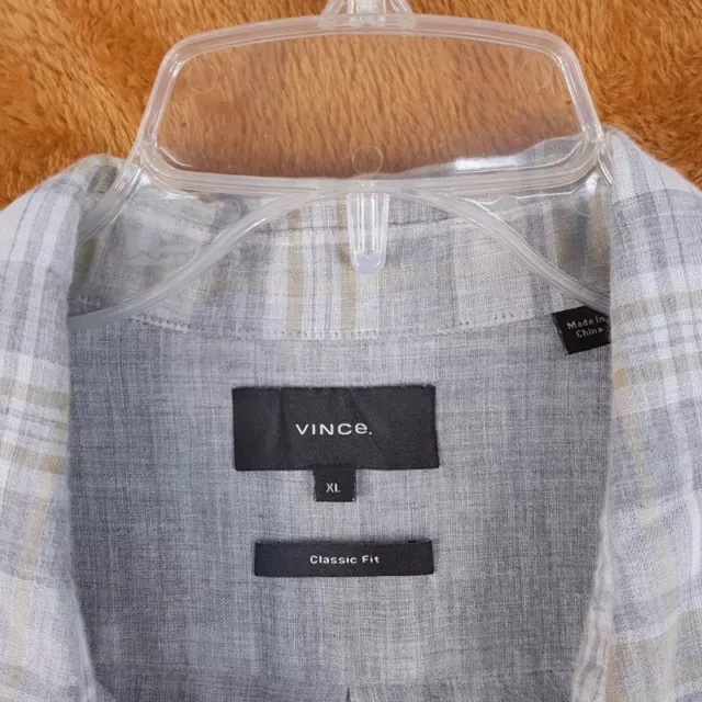 VINCE Mens Shirt XL Gray Plaid Button Up Shirt Flannel Classic Fit Cotton Check