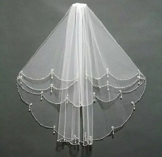 2 Layer White/Ivory Elbow Length Beads Edge Wedding Bridal Veil UK