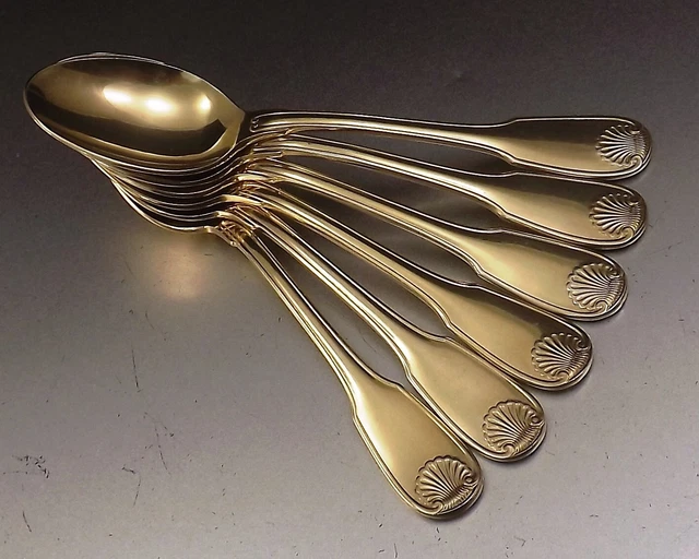 Christofle Modele Vendome Coquille 6 Cuilleres A Cafe En Metal Dore Vers 1970