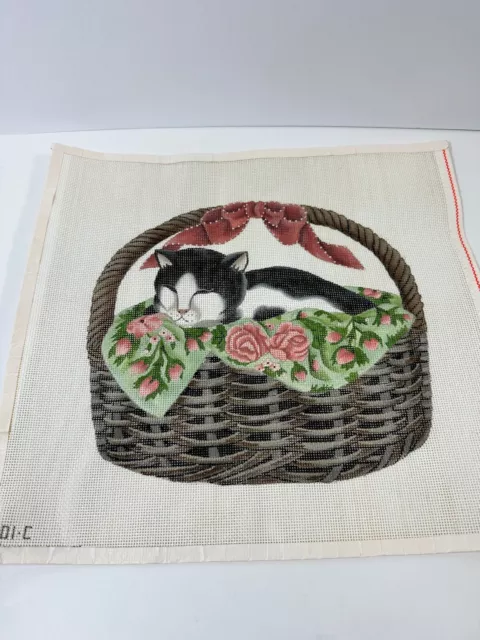 Vtg Melissa Shirley Handpainted Needlepoint Canvas Black White Cat in Basket
