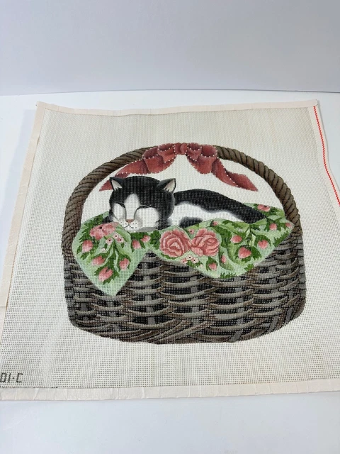 Vtg Melissa Shirley Handpainted Needlepoint Canvas Black White Cat in Basket