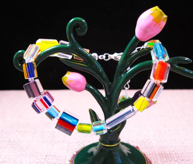 Beautiful Sterling Silver Cane Glass & Crystal Bracelet A1