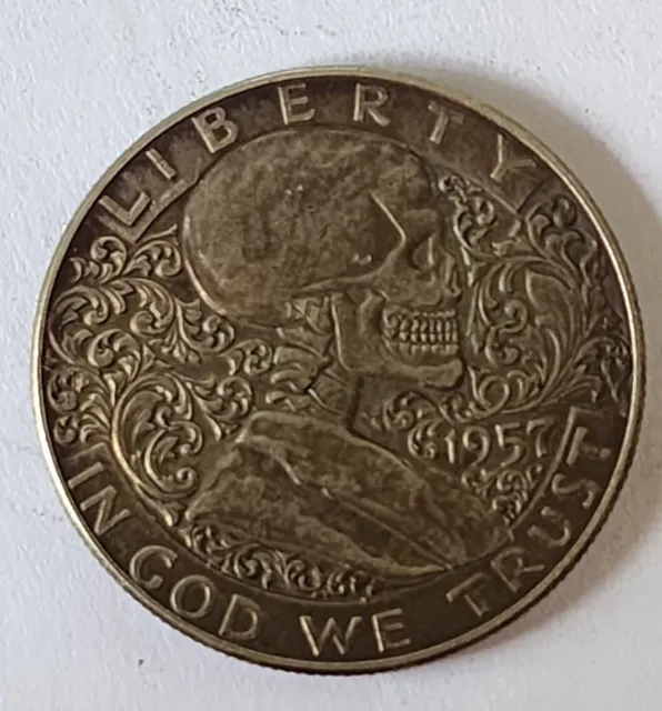 Hobo Coin 1957 Franklin Half Dollar Skull Zombie
