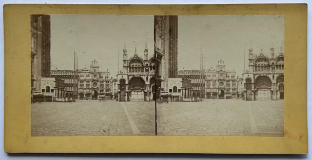 Italien Venedig Platz Wohl Markusplatz L’ Uhr c1865 Foto Stereo Albumin Vintage