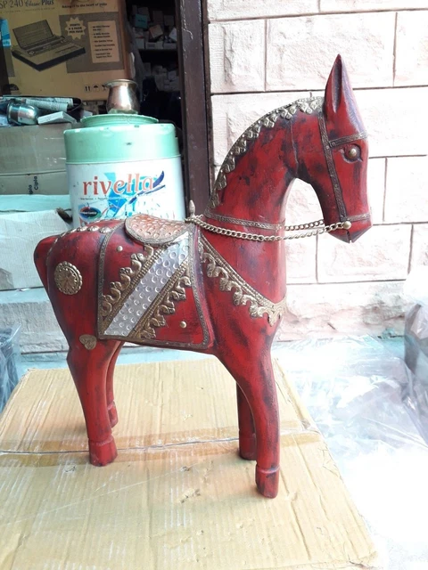 Wooden Vintage Horse  Old Collectible Brass Fitted Statue Home Decor Indian Arts