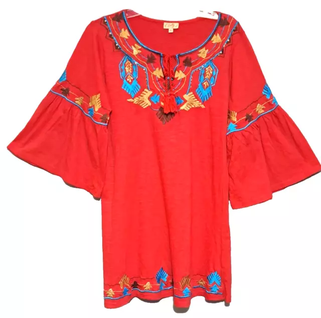 Scully Womens Dress XL Red Southwestern Tie Neck Embroidery 3/4 Bell Sleeve