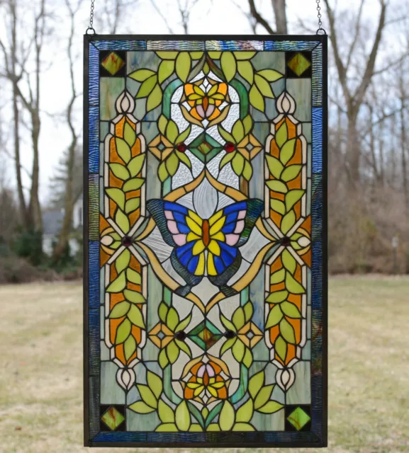 20.5" x 34.75" Handcrafted stained glass window panel Butterfly Flower