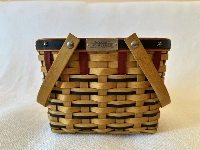 Longaberger 2003 Bee Basket Set+Liner+Protector AMERICANA Red Blue Weav