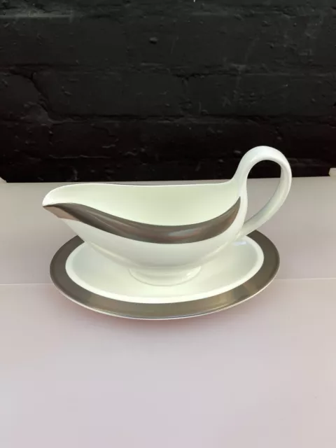 Wedgwood Satine Platinum Gravy Boat / Sauce Jug and Stand / Drip Plate Set