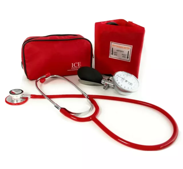 ICE Medical Red Aneroid Blood Pressure Monitor Sphygmomanometer Stethoscope