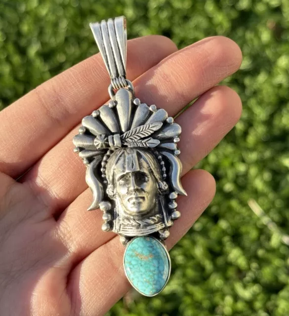 Navajo 925 Sterling Silver Turquoise Indian Chief Head Pendant Southwestern