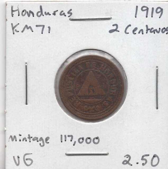 Honduras 2 Centavos 1919 KM 71 Low Mintage 117,000 Circulated