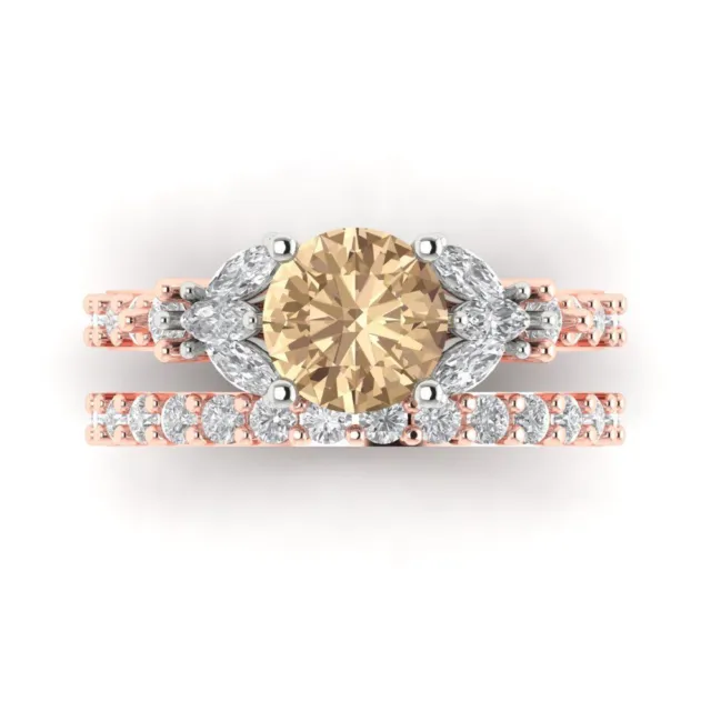 2.72 ct Round Marquise 3 stone Yellow Moissanite Bridal Ring set 14k 2 tone Gold