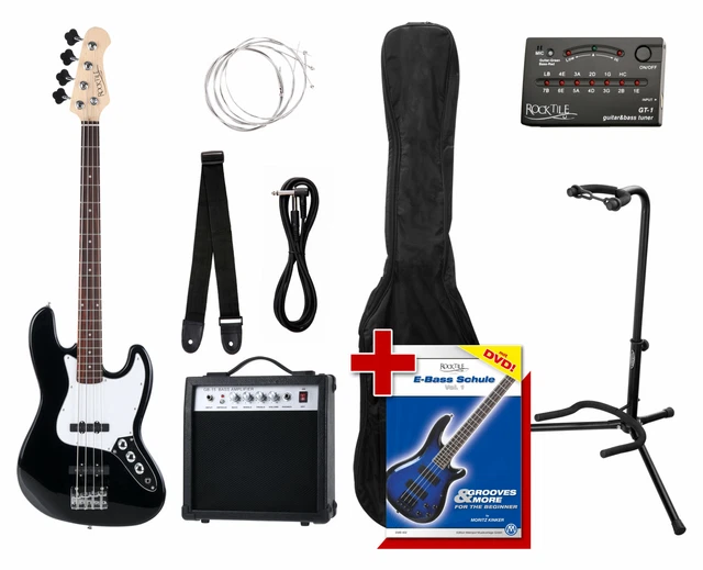 Pack Basse Electrique Guitare Jazz JB-Style Amplificateur Housse Support Noir