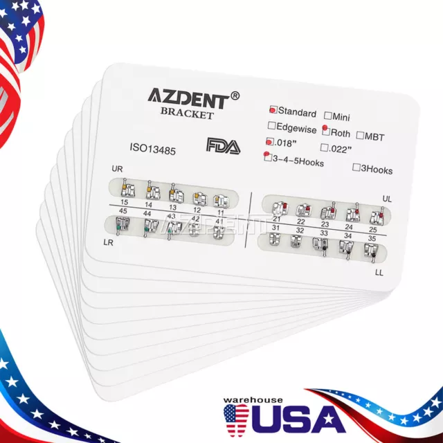 AZDENT Dental Orthodontic Brackets Standard Metal Braces Roth 0.018 345 Hooks 2