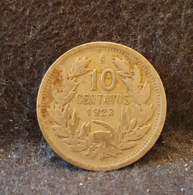 1923-So Chile 10 centavos, Santiago mint, KM-166