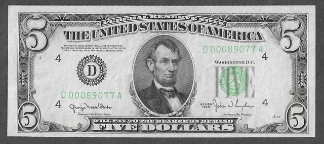 FR 1961-D UNC Cleveland $5 Series of 1950 Wide Green Seal Federal Reserve Note