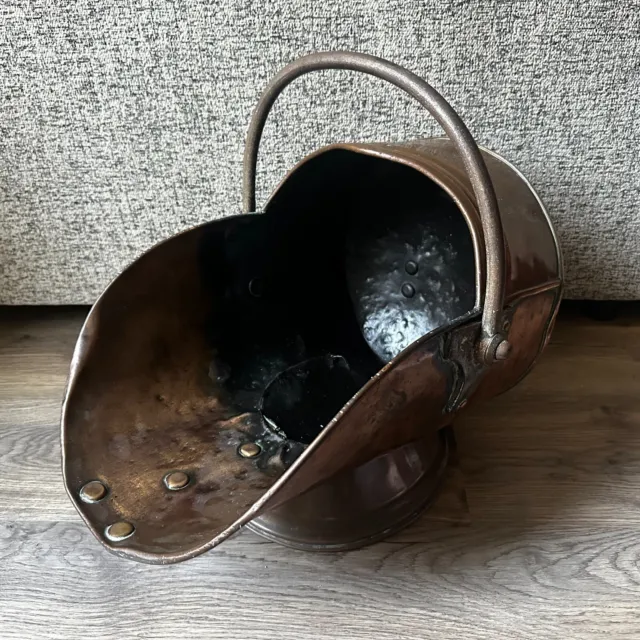 Large Antique Copper Fire Side Coal Scuttle - Log Bucket - 21" - Metal Handle