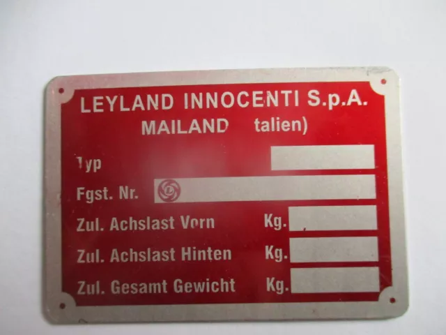 Typenschild Schild Leyland innocenti Mini de tomaso s76 rot