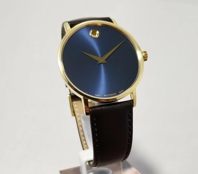 MOVADO Swiss Men's Museum Classic PVD Gold Blue Dial Brown Strap Watch 0607316