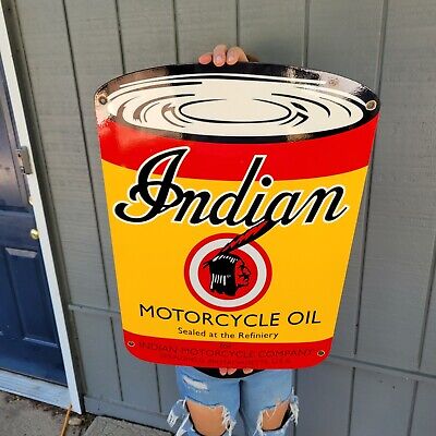 Large Old Vintage Indian Motorcycles Oil Dealer Porcelain Heavy Metal Sign