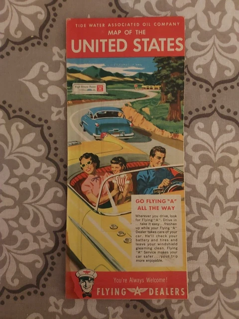 Vintage Road Map Of UNITED STATES Flying A Service Tide Water Assoc Oil 1950's