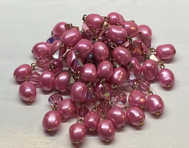 Vintage Estate 1960's Pink Moon Glow Bead Cluster Pin Brooch Gold Tone - Rare
