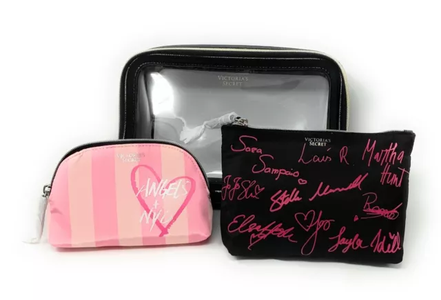 Victorias Secret Nested Trio Cosmetic Makeup Case w Interior Bags Black Pink