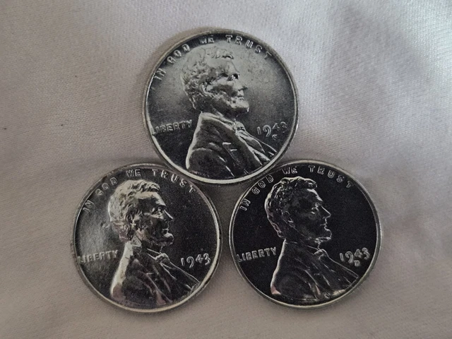 Nice 1943 P D S Lincoln Steel Wheat Cent 1C Penny Set - 3 Coins/Mints - P, D & S