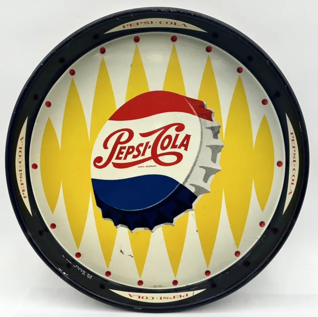 Vintage Pepsi Cola Bottle Cap Round Metal Serving Pub Tray Mexico Yellow White