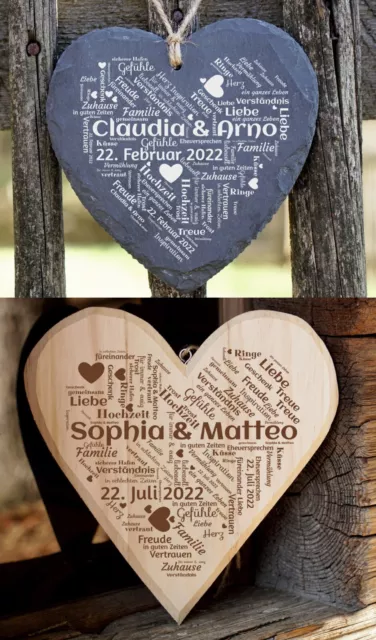 Hochzeit Geschenk Idee Schiefer Holz Herz Motiv „Wortwolke Brautpaar"