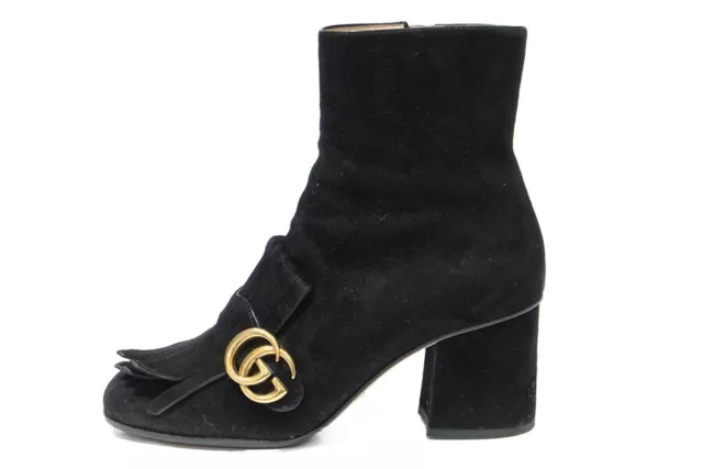 Bottines Gucci Marmont En Daim Noir Gg Dore Vieilli Taille : 37 1/2 Talon 7 Cm